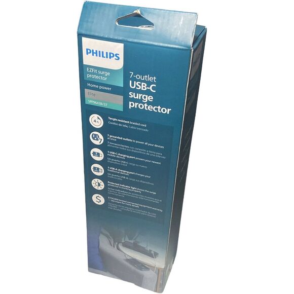 Philips 7 Outlet Surge Protector Power Strip USB Charging 4ft Cord Black - Picture 2 of 8